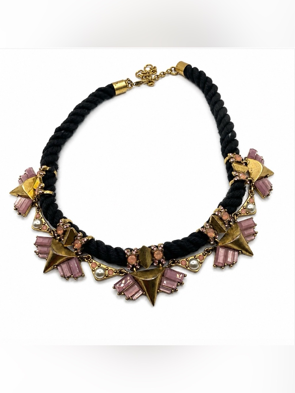 J Crew Black Cord Matte Gold Tone Pink Rhinestone Necklace - Picture 7 of 7